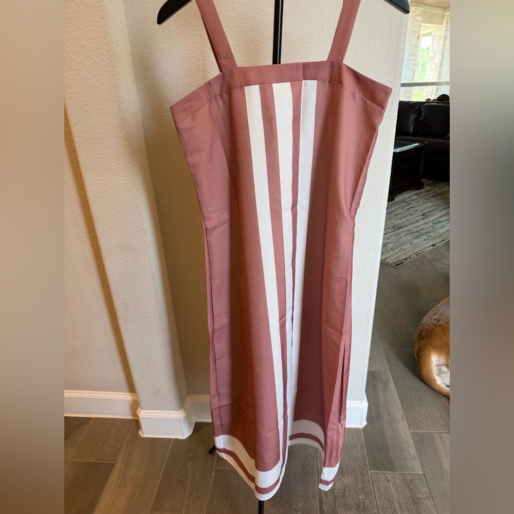 Rose Pink Vertical-Stripe Midi Dress with Square Neck S